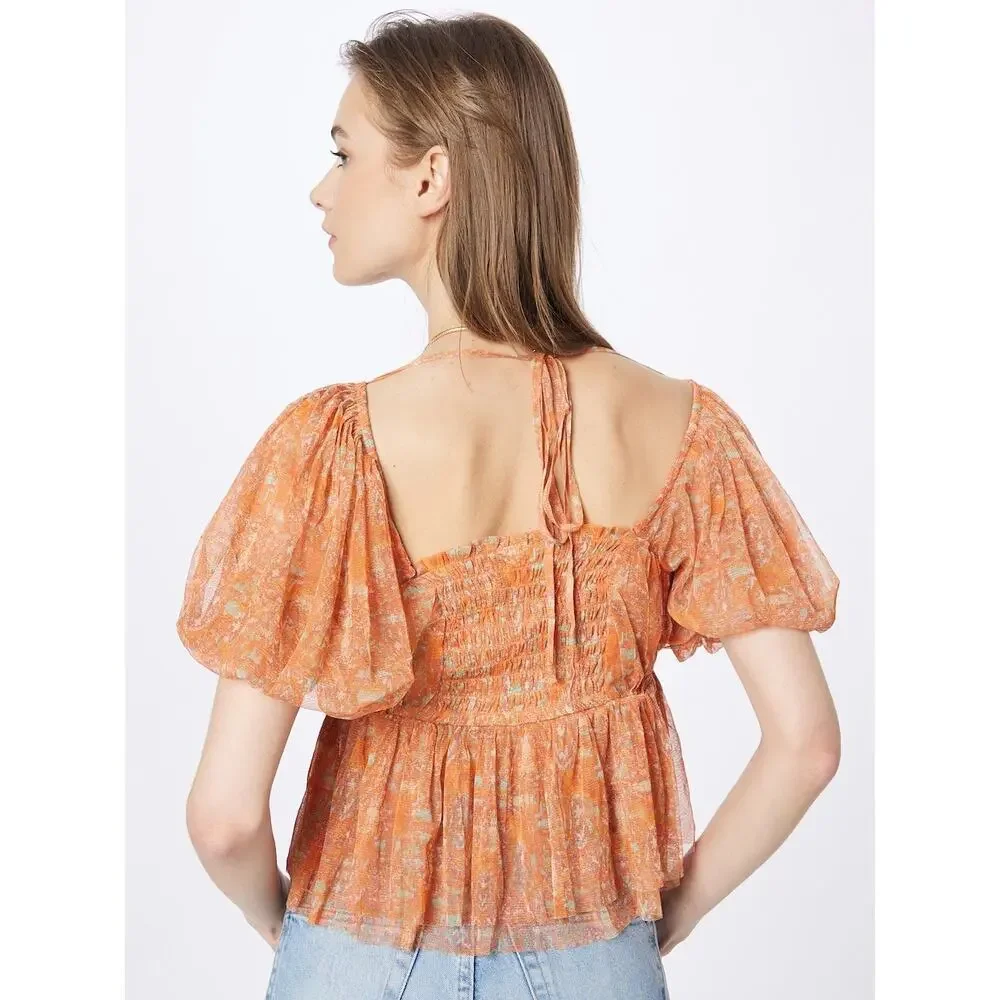 Free People Penelope Blouse Smocked Peplum Dark Orange Mesh Puff Sleeve Top  XS